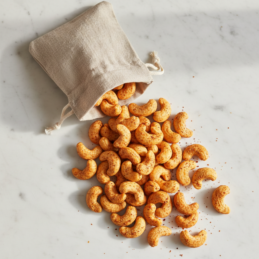 Peri-peri spiced cashews spilling from a linen bag on white marble, overhead flat lay
