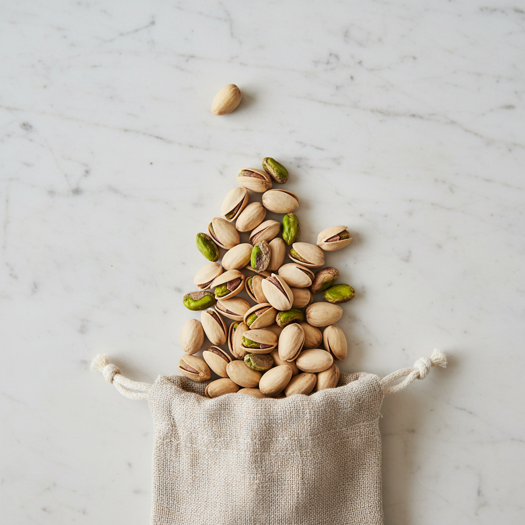 Green pistachios spilling from a linen bag on white marble, overhead flat lay