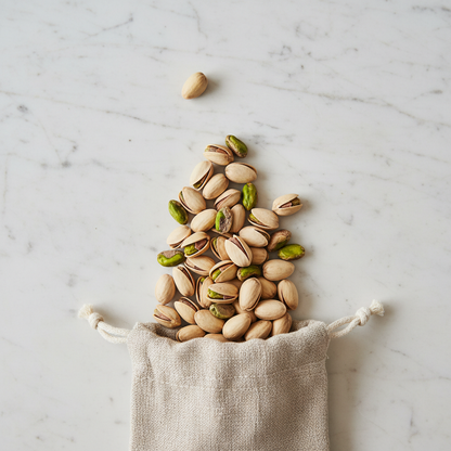 Green pistachios spilling from a linen bag on white marble, overhead flat lay